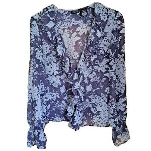 Nicole Miller Blouse Women's 10 Gray Purple Sheer Long Sleeve Ruffled Front